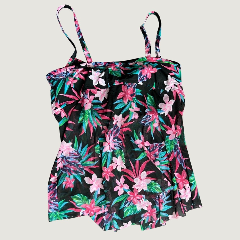 Tropical Floral Tankini Swim Top Twist Front Mesh Flyaway Black Pink Blue